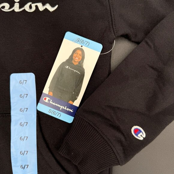 Champion Kids Logo Fleece Hoodie Sweatshirt Black S (6/7) Pullover Breathable - Picture 2 of 5